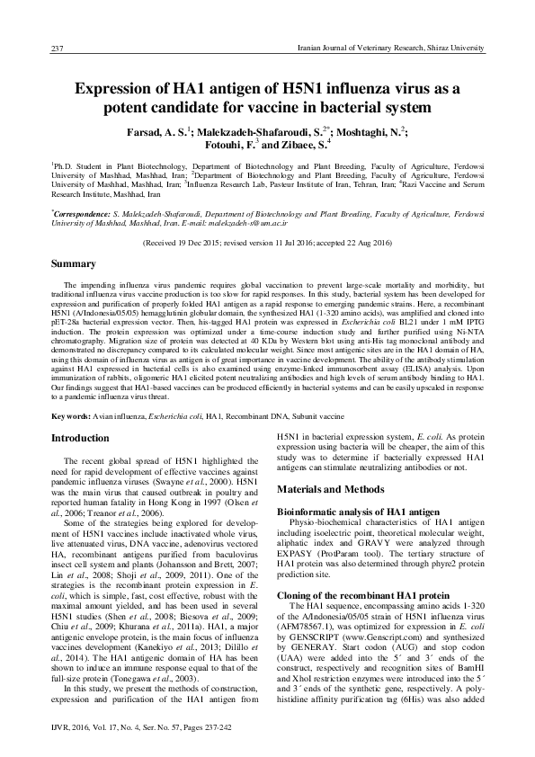 (PDF) Expression of HA1 antigen of H5N1 influenza virus as a potent ...