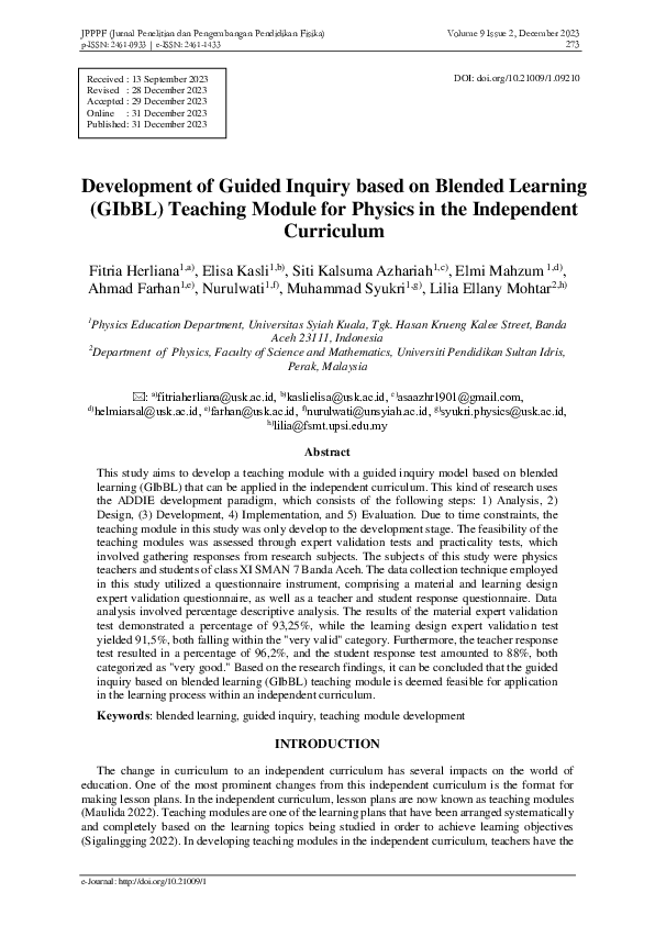 (PDF) Development of Guided Inquiry based on Blended Learning (GIbBL ...