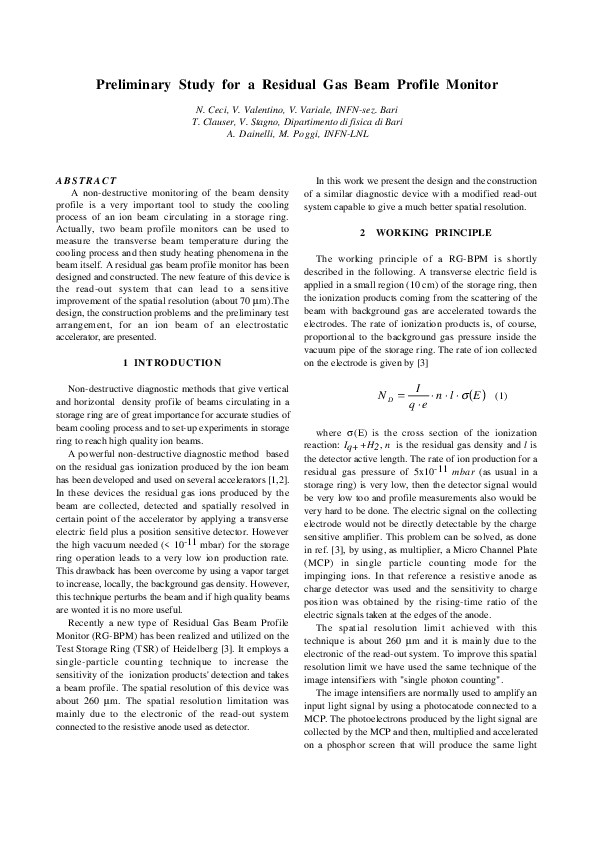 (PDF) Preliminary Study for a Residual Gas Beam Profile Monitor