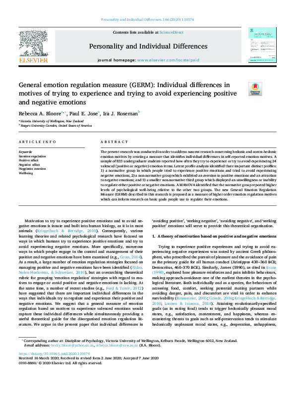 (PDF) General emotion regulation measure (GERM): Individual differences ...