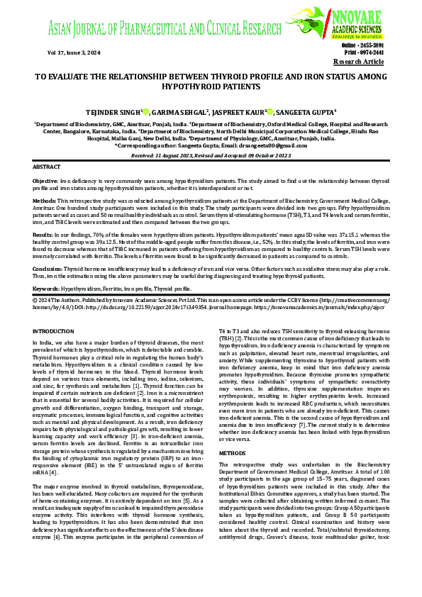 (PDF) TO EVALUATE THE RELATIONSHIP BETWEEN THYROID PROFILE AND IRON ...