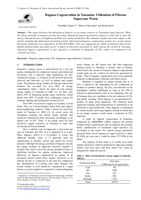 (PDF) Bagasse Cogeneration in Tanzania: Utilization of Fibrous ...