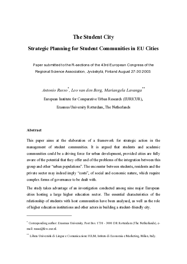 (PDF) The Student City: Strategic Planning for Student Communities in ...