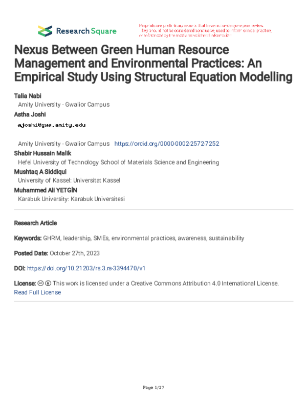 (PDF) Nexus Between Green Human Resource Management and Environmental ...