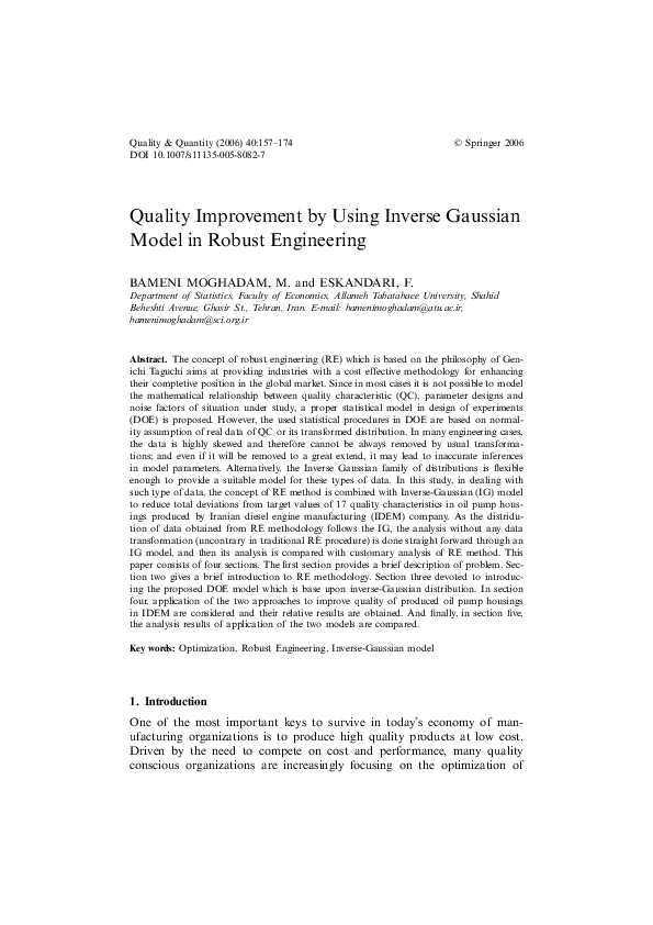(PDF) Quality Improvement by Using Inverse Gaussian Model in Robust ...
