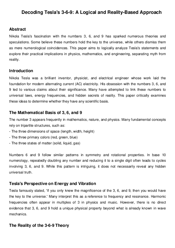 (PDF) Decoding Tesla's 3-6-9: A Logical and Reality-Based Approach
