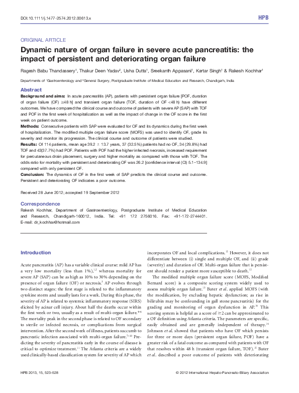 (PDF) Dynamic nature of organ failure in severe acute pancreatitis: the ...