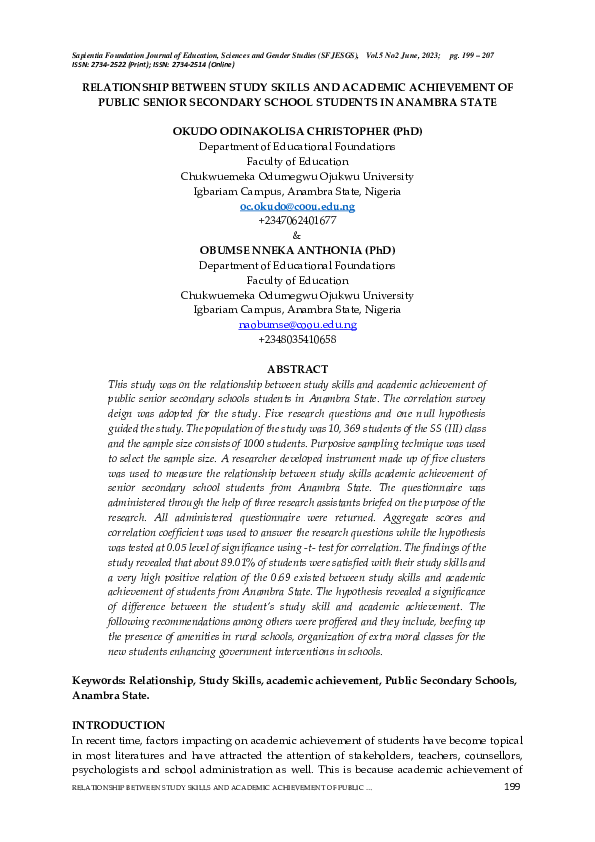 (PDF) RELATIONSHIP BETWEEN STUDY SKILLS AND ACADEMIC ACHIEVEMENT OF ...