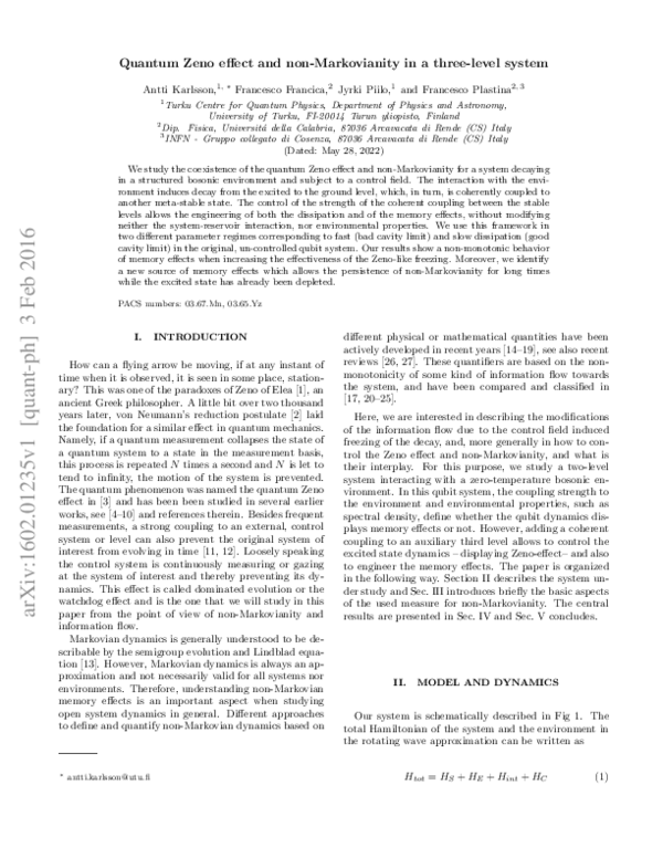 (PDF) Quantum Zeno effect and non-Markovianity in a three-level system
