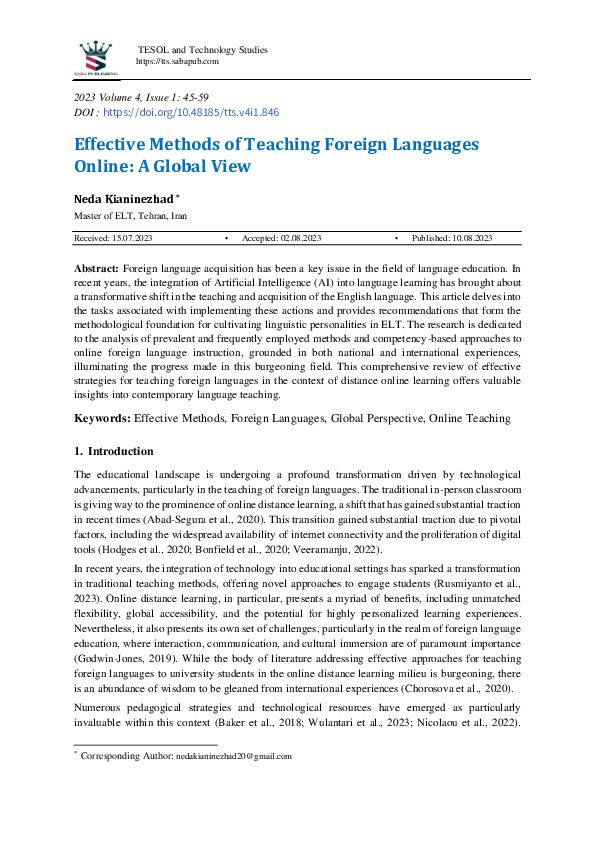 (PDF) Effective Methods of Teaching Foreign Languages Online: A Global View