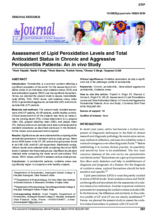 (PDF) Assessment of Lipid Peroxidation Levels and Total Antioxidant ...