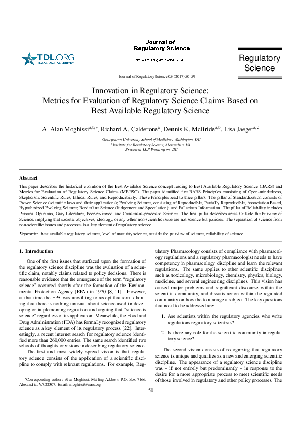 (PDF) Innovation in Regulatory Science: Metrics for Evaluation of ...