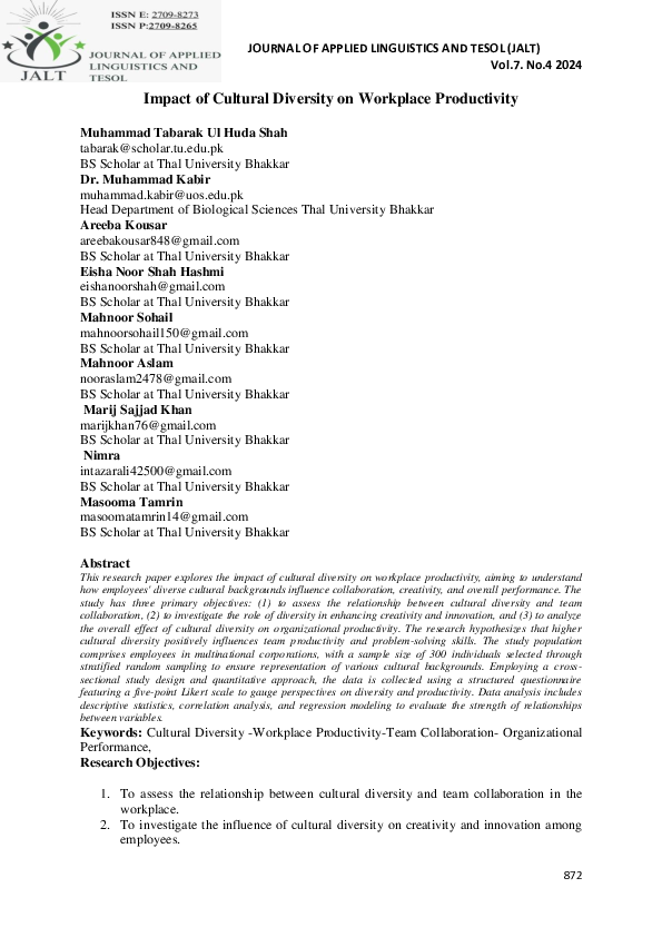 (PDF) Impact of Cultural Diversity on Workplace Productivity