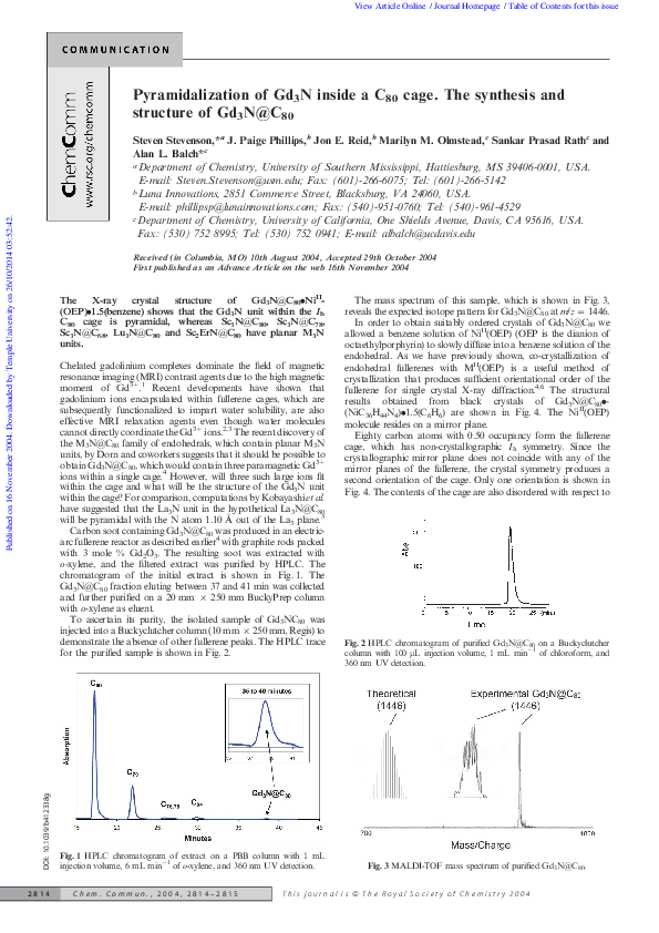 (PDF) Pyramidalization of Gd3N inside a C80 cage. The synthesis and ...