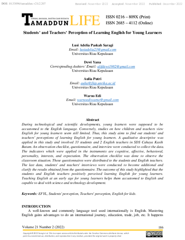 (PDF) Students’ and Teachers’ Perception of Learning English for Young ...