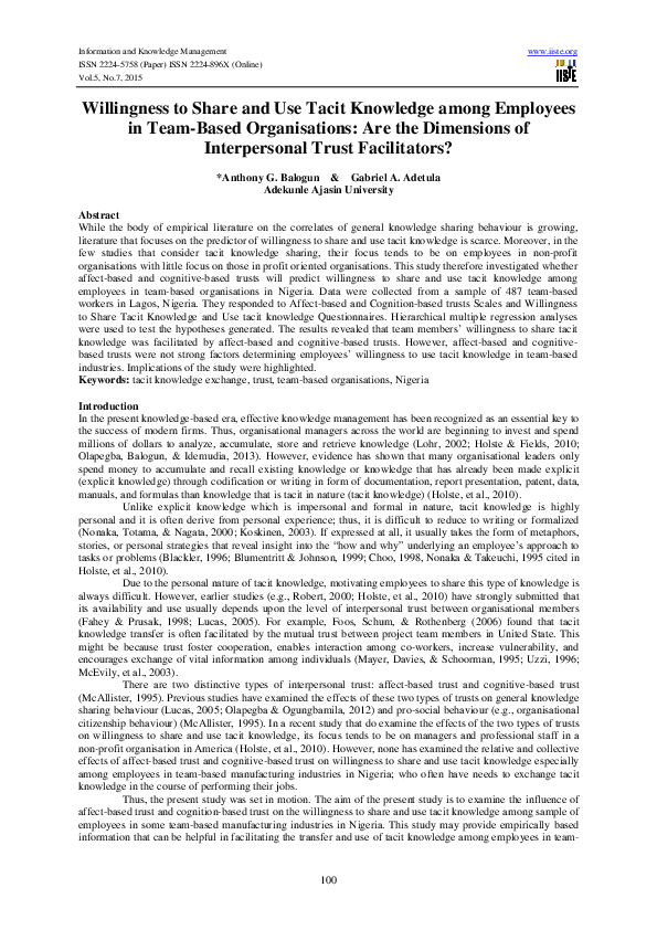 (PDF) Willingness to Share and Use Tacit Knowledge among Employees in ...