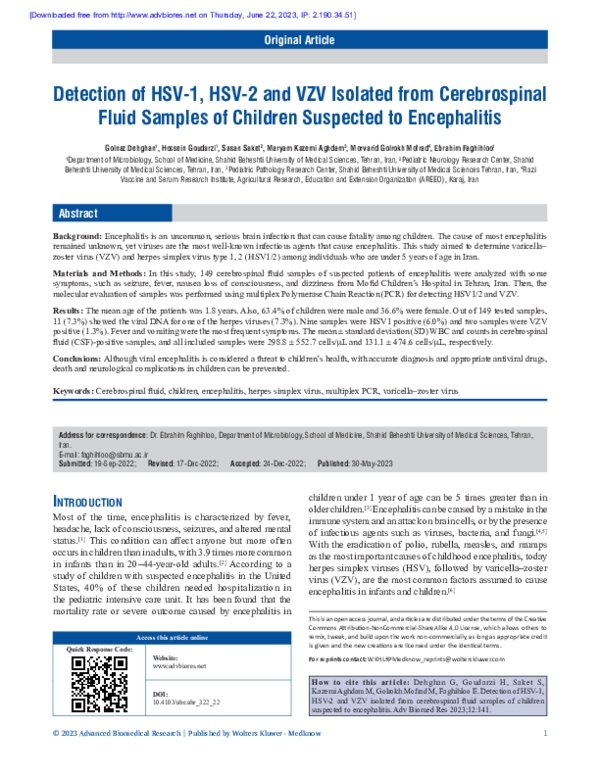 (PDF) Detection of HSV-1, HSV-2 and VZV isolated from cerebrospinal ...