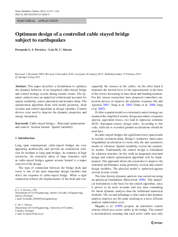 (PDF) Optimum design of a controlled cable stayed bridge subject to ...