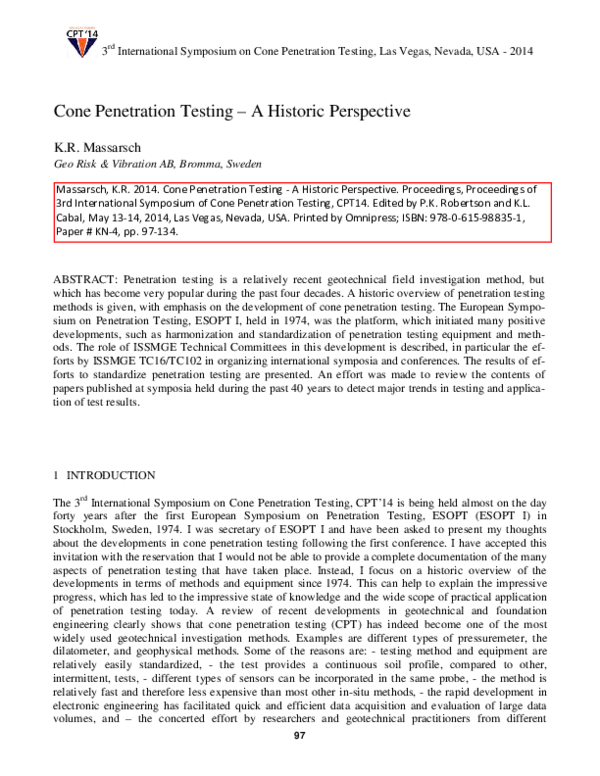(PDF) Cone Penetration Testing - A Historic Perspective