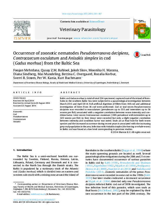 Occurrence of zoonotic nematodes Pseudoterranova decipiens ...
