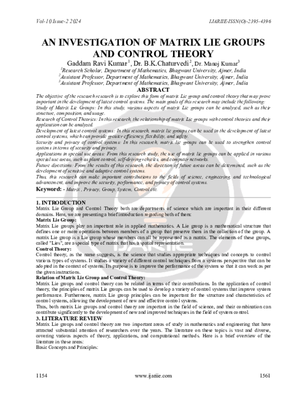 (PDF) AN INVESTIGATION OF MATRIX LIE GROUPS AND CONTROL THEORY