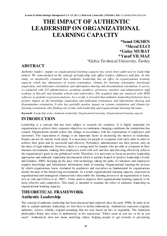 (PDF) The Impact of Authentic Leadership on Organizational Learning ...