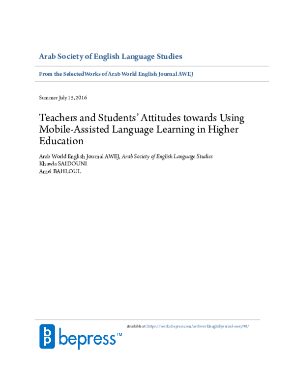 (PDF) Teachers and Studentss Attitudes Towards Using Mobile-Assisted ...