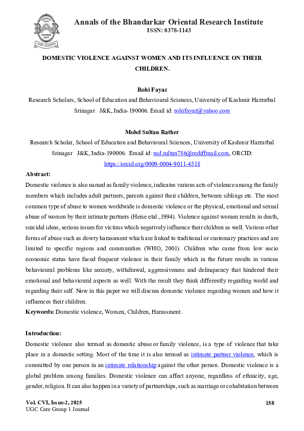 (PDF) Domestic violence against women and It's influence on their Children