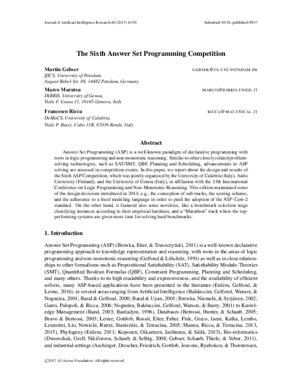 (PDF) The Sixth Answer Set Programming Competition
