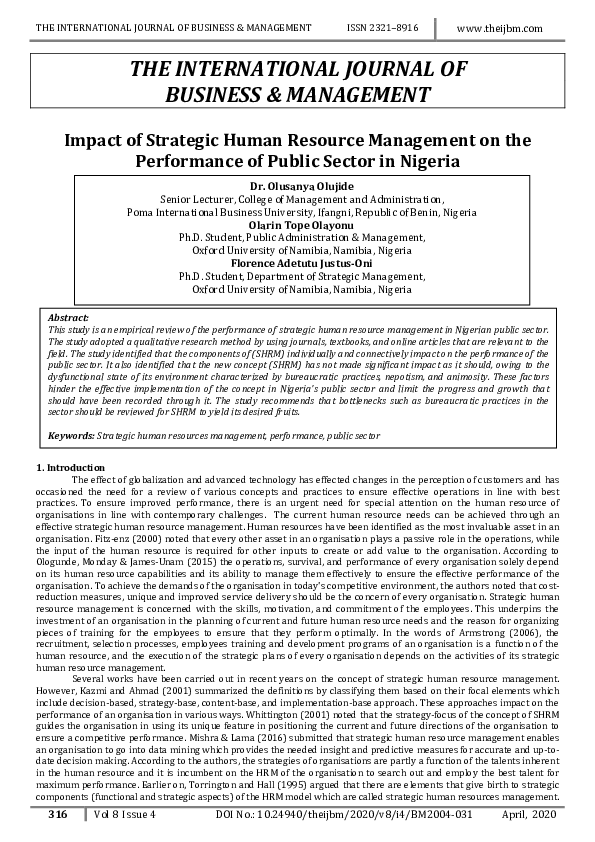(PDF) Impact of Strategic Human Resource Management on the Performance ...