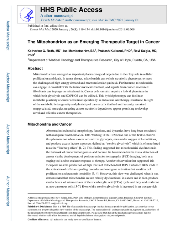 (PDF) The Mitochondrion as an Emerging Therapeutic Target in Cancer
