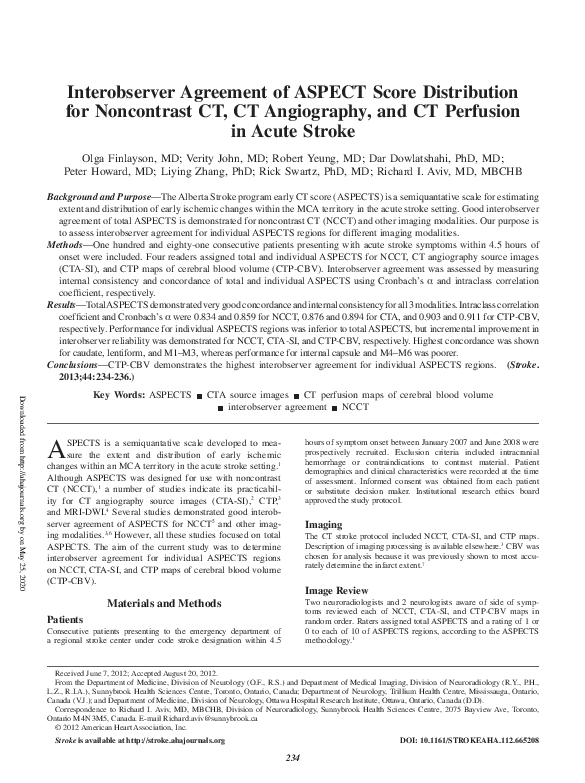 (PDF) Interobserver Agreement of ASPECT Score Distribution for ...