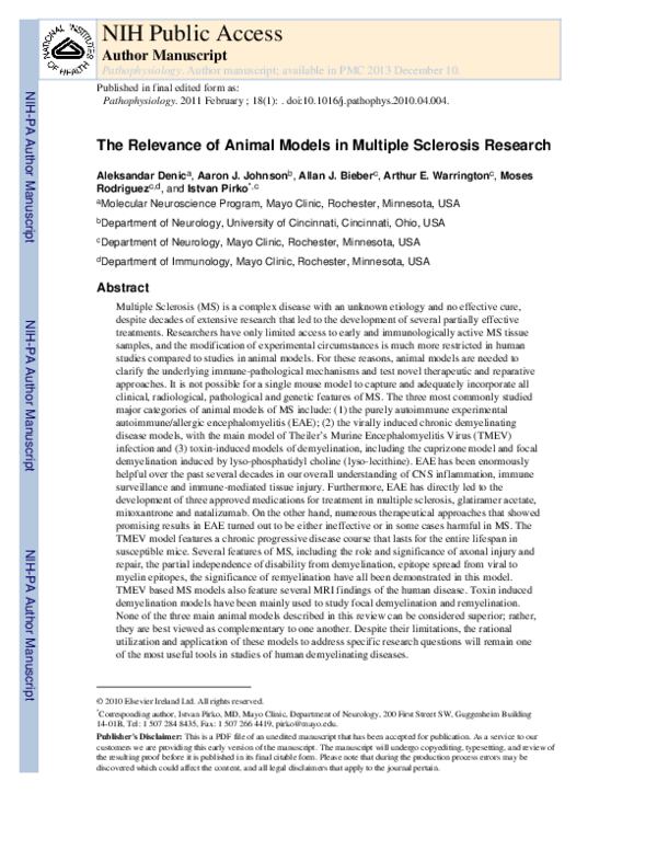 (PDF) The relevance of animal models in multiple sclerosis research