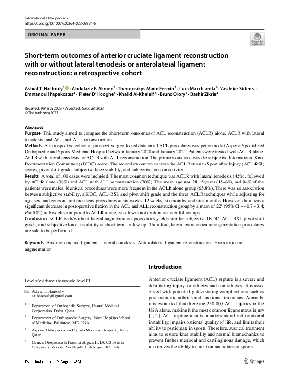 (PDF) Short-term outcomes of anterior cruciate ligament reconstruction ...