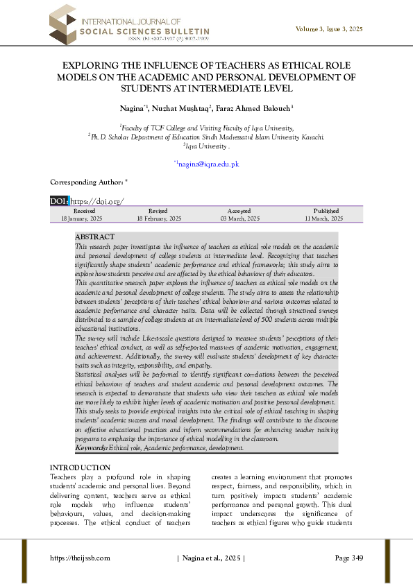(PDF) EXPLORING THE INFLUENCE OF TEACHERS AS ETHICAL ROLE MODELS ON THE ...