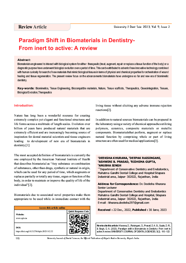 (PDF) Paradigm shift in Biomaterials in Dentistry- From inert to active ...