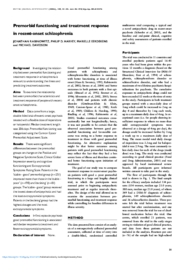(PDF) Premorbid functioning and treatment response in recent-onset ...