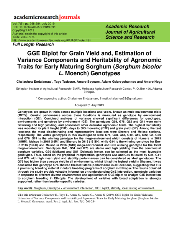 (PDF) GGE Biplot for Grain Yield and, Estimation of Variance Components ...