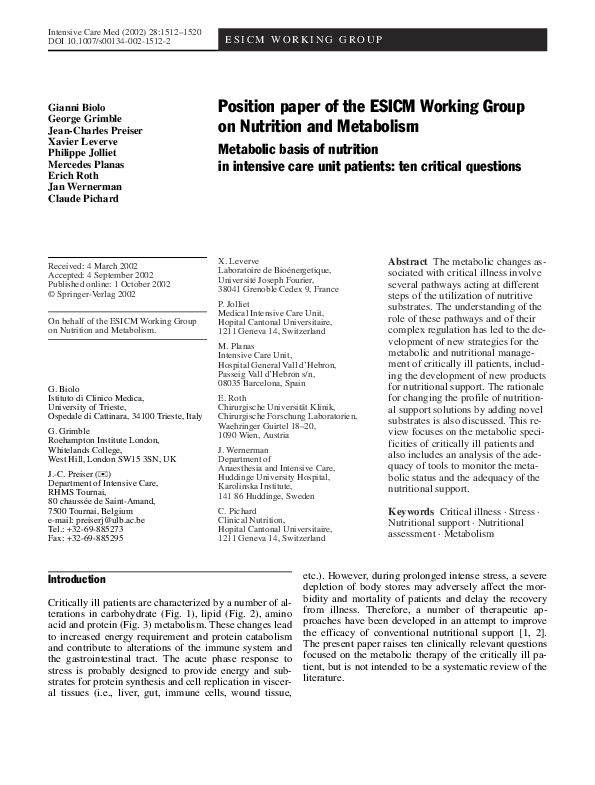 (PDF) Position paper of the ESICM Working Group on Nutrition and Metabolism