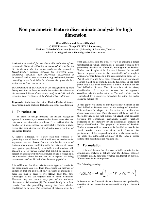 (PDF) Non parametric feature discriminate analysis for high dimension