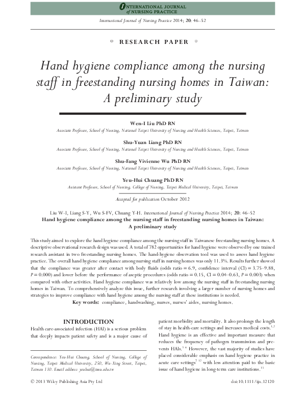 (PDF) Hand hygiene compliance among the nursing staff in freestanding ...