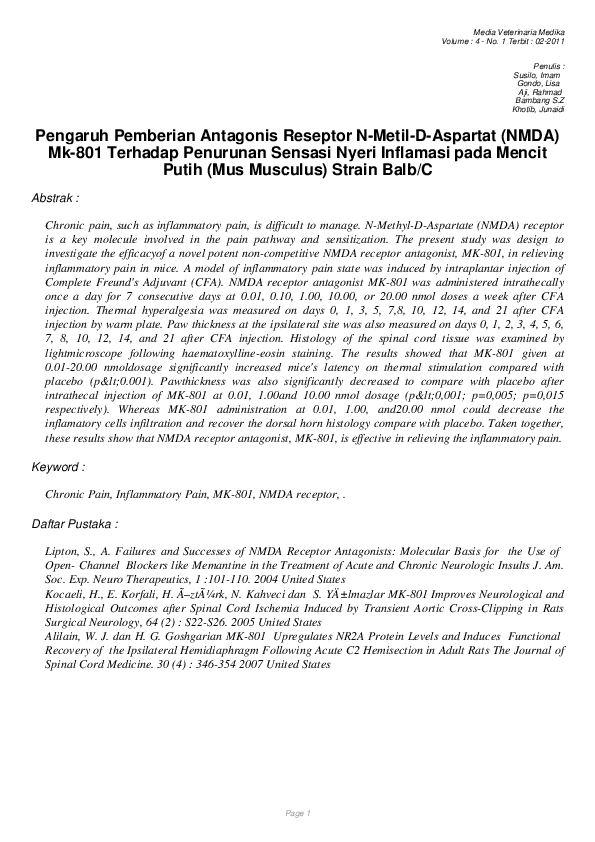(PDF) Pengaruh Pemberian Antagonis Reseptor N-Metil-D-Aspartat (NMDA ...