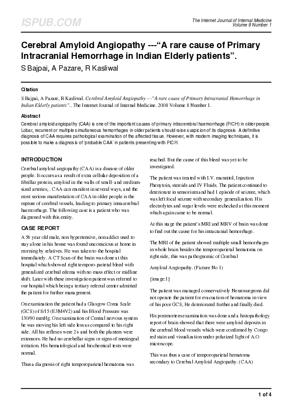 (PDF) Cerebral Amyloid Angiopathy ---“A rare cause of Primary ...