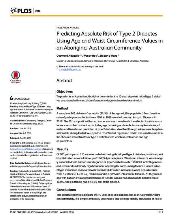 (PDF) Predicting Absolute Risk of Type 2 Diabetes Using Age and Waist ...