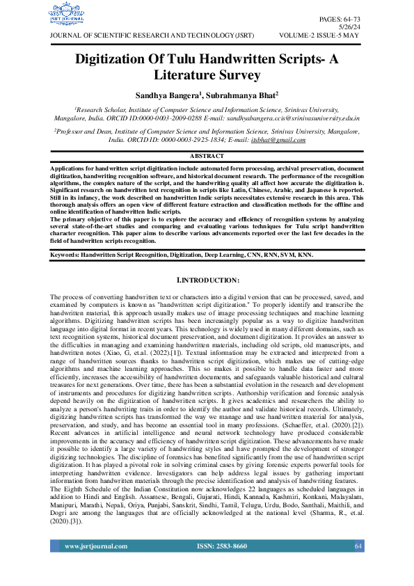 (PDF) Digitization Of Tulu Handwritten Scripts- A Literature Survey