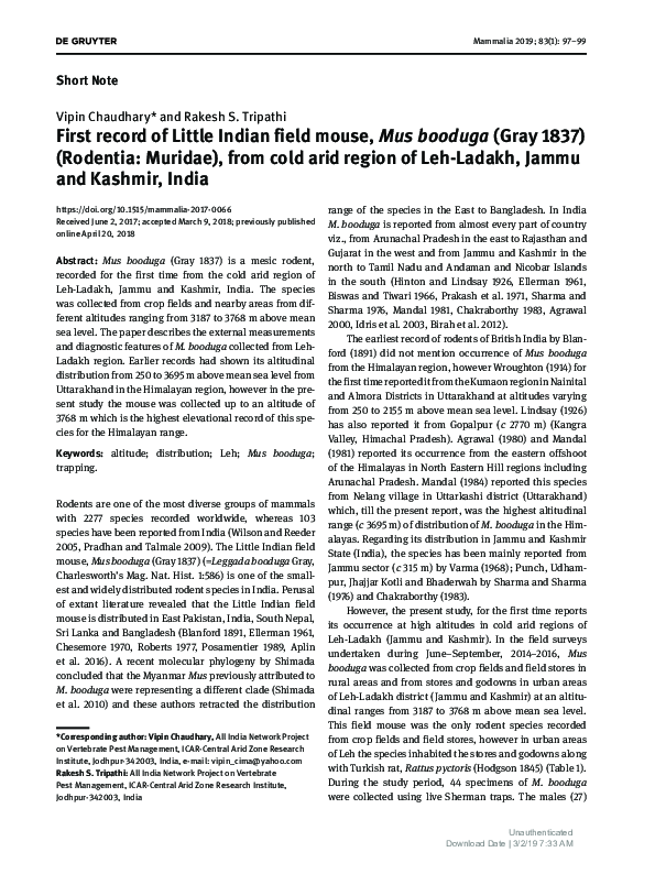 (PDF) First record of Little Indian field mouse, Mus booduga (Gray 1837 ...