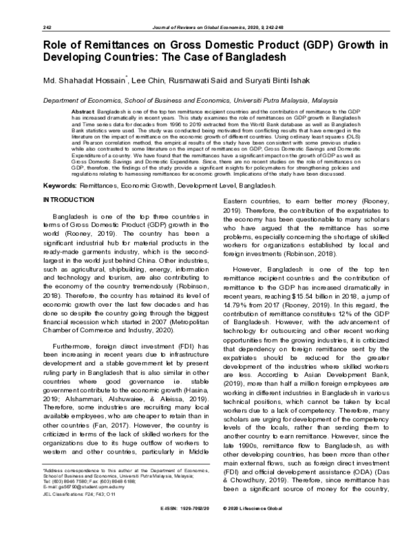 (PDF) Role of Remittances on Gross Domestic Product (GDP) Growth in ...