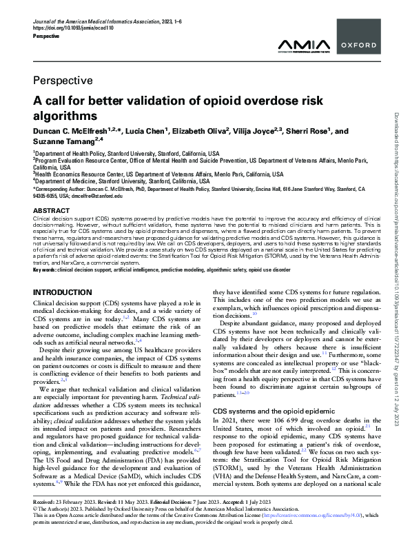 (PDF) A call for better validation of opioid overdose risk algorithms