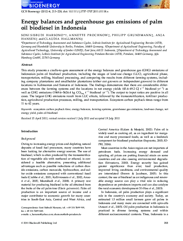 (PDF) Energy balances and greenhouse gas emissions of palm oil ...