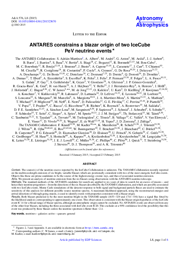 (PDF) ANTARES constrains a blazar origin of two IceCube PeV neutrino events